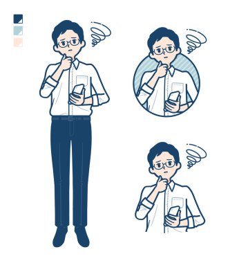 Akıllı telefon ve sorunlu görüntüler taşıyan tişörtlü bir adam. Bu vektör sanatı, bu yüzden düzenlemek kolay..