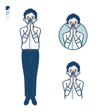 Şaşırmış ve huzursuz görüntülere sahip tişörtlü bir adam. Bu vektör sanatı, bu yüzden düzenlemek kolay..