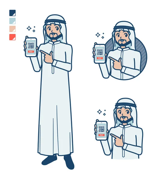 Seorang Pria Arab Dengan Kostum Putih Dengan Pembayaran Tanpa Tunai - Stok Vektor
