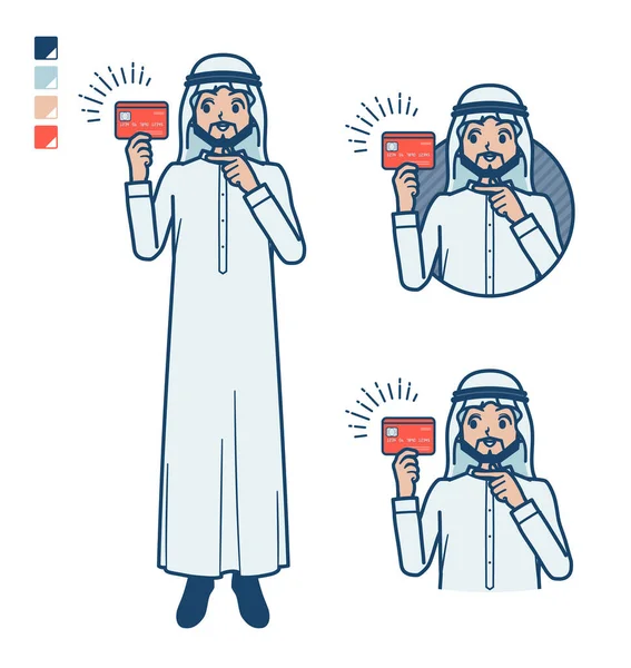 Een Arabische Man Wit Kostuum Met Wijzende Credit Card Beelden — Stockvector