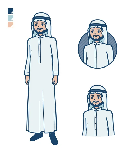 Ein Arabischer Mann Weißem Kostüm Mit Seitlichen Bildern Ist Vektorkunst — Stockvektor