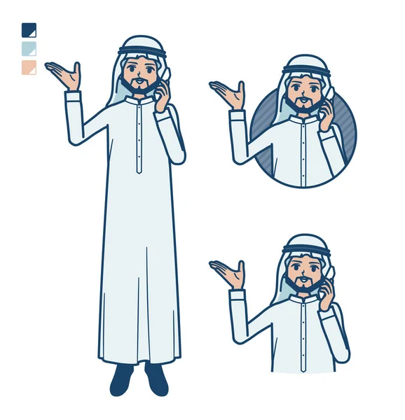 Arabski Człowiek Białym Kostiumie Call Zdjęciach Smartfonów Sztuka Wektorowa Więc — Wektor stockowy
