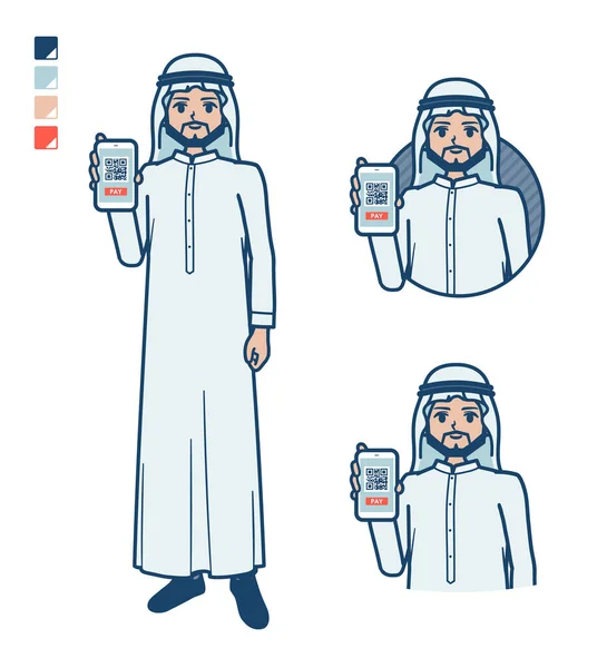 Beyaz Kostümlü Arap Bir Adam Akıllı Telefon Görüntülerine Parasız Ödeme — Stok Vektör