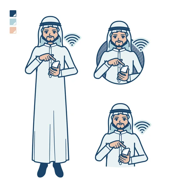 一个身穿白色服装 头戴智能手机的阿拉伯男子 它是矢量艺术 所以很容易编辑 — 图库矢量图片