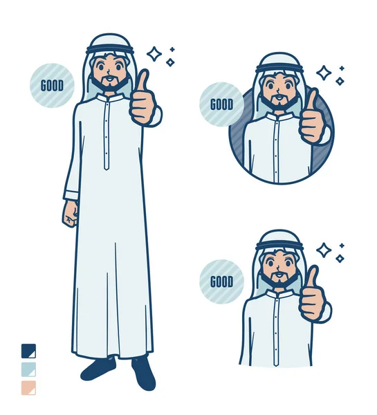 Seorang Pria Arab Dengan Kostum Putih Dengan Thumbs Images Seni - Stok Vektor