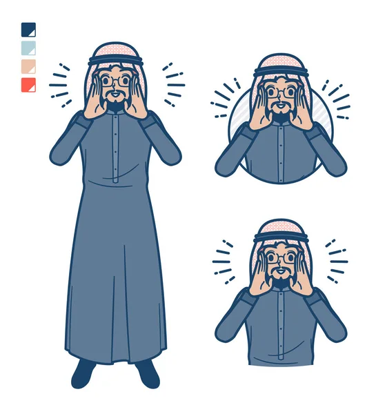 Seorang Pria Menengah Arab Dalam Kostum Hitam Dengan Memanggil Keras - Stok Vektor
