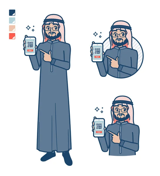 一个身穿黑色服装的阿拉伯中间人 在智能手机图像上没有现金支付 这是矢量艺术 所以很容易编辑 — 图库矢量图片