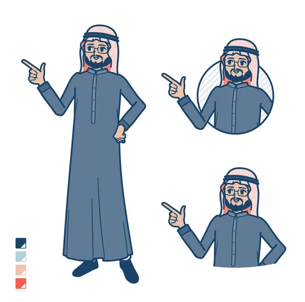 一个身穿黑色服装的阿拉伯中间人 带着解说和指点图片 它是矢量艺术 所以很容易编辑 — 图库矢量图片