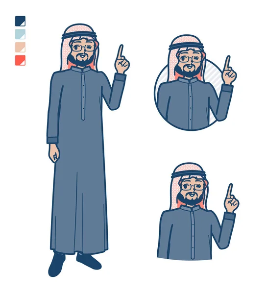 Homme Arabe Milieu Costume Noir Avec Des Images Signe Pointant — Image vectorielle