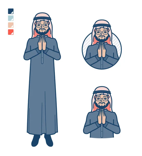 Intermediario Arabo Costume Nero Con Mani Stampa Immagini Preghiera Arte — Vettoriale Stock