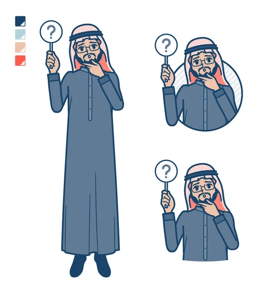 Arabian Middle Man Black Costume Put Out Question Panel Images — Stock Vector