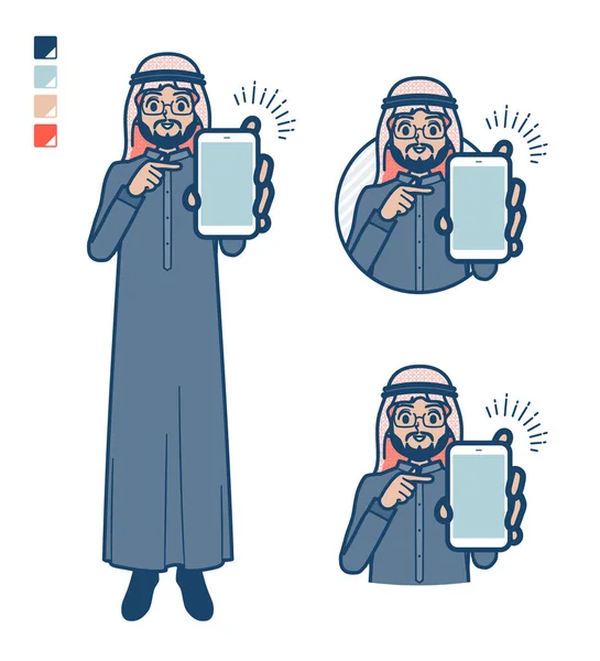一个身穿黑色服装 头戴智能手机图案的阿拉伯中间人 它是矢量艺术 所以很容易编辑 — 图库矢量图片