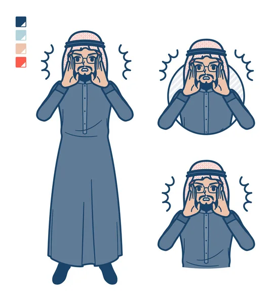 Een Arabische Middelste Man Zwart Kostuum Met Waarschuwde Luid Beelden — Stockvector