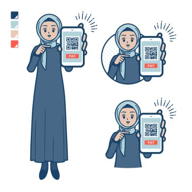 Akıllı telefon görüntülerine parasız ödeme yapan tesettürlü bir Arap kadın. Bu vektör sanatı, bu yüzden düzenlemek kolay..