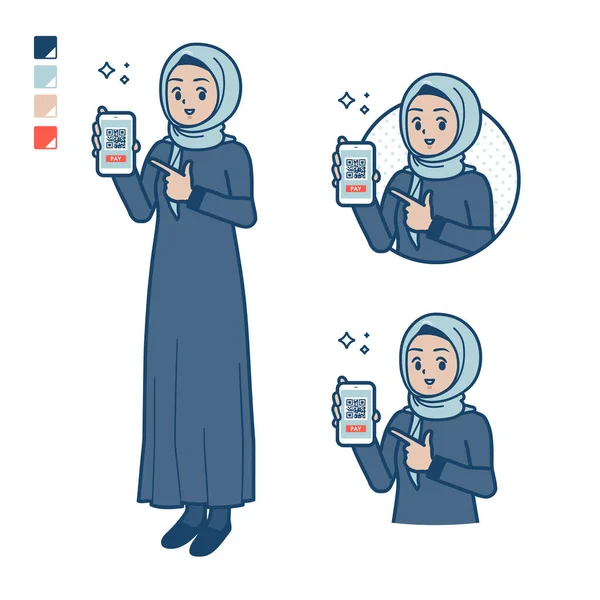 一个阿拉伯妇女 头戴头巾 用智能手机图像支付现金 这是矢量艺术 所以很容易编辑 — 图库矢量图片