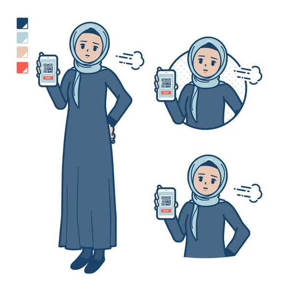 一个阿拉伯女人 头戴头巾 在智能手机上没有现金支付 麻烦图片 这是个矢量艺术 所以编辑起来很容易 — 图库矢量图片