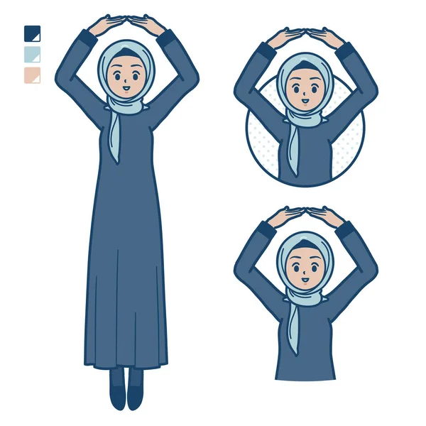 一个阿拉伯女人 头戴头巾 用胳膊画了一个圆圈 它是矢量艺术 所以很容易编辑 — 图库矢量图片