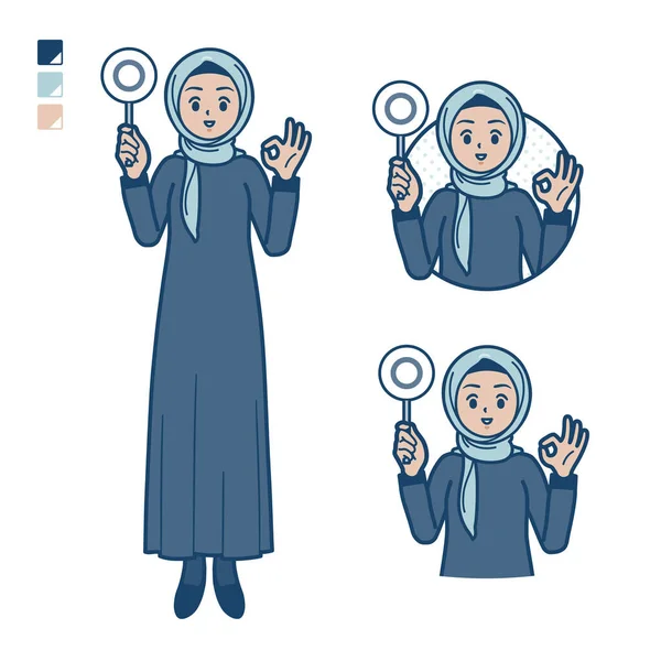 一个头戴头巾 头戴头巾的阿拉伯女人拿出一张圆形嵌板的图片 它是矢量艺术 所以很容易编辑 — 图库矢量图片