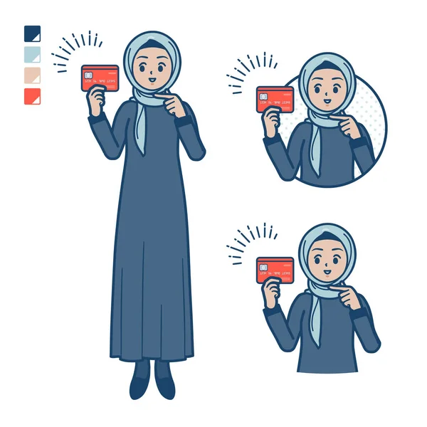 一个阿拉伯妇女 头戴头巾 指着信用卡图片 它是矢量艺术 所以很容易编辑 — 图库矢量图片