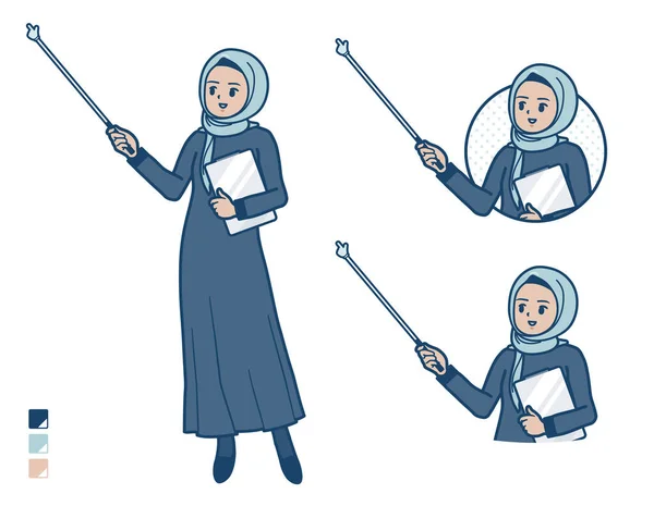 Seorang Wanita Arab Hijab Dengan Penjelasan Dengan Penunjuk Tongkat Images - Stok Vektor