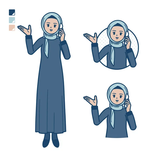 一个阿拉伯女人在智能手机图片上用Hijab和Call 这是个矢量艺术 所以很容易编辑 — 图库矢量图片