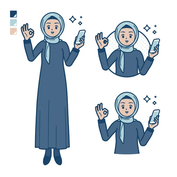 Una Donna Araba Hijab Con Mano Uno Smartphone Facendo Segno — Vettoriale Stock