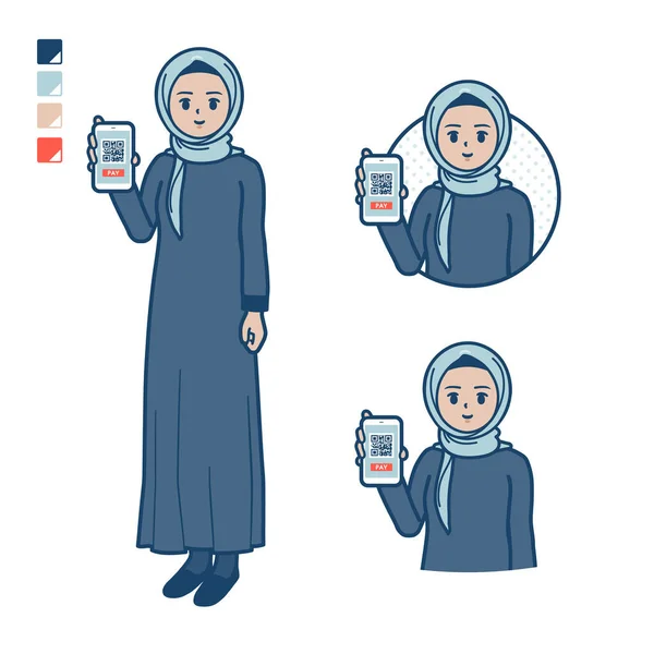 Μια Γυναίκα Αραβική Hijab Cashless Πληρωμή Εικόνες Smartphone Είναι Τέχνη — Διανυσματικό Αρχείο