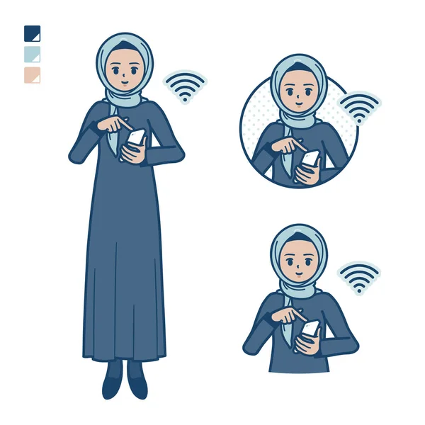 Seorang Wanita Arab Hijab Dengan Operate Smartphone Images Seni Vektor - Stok Vektor