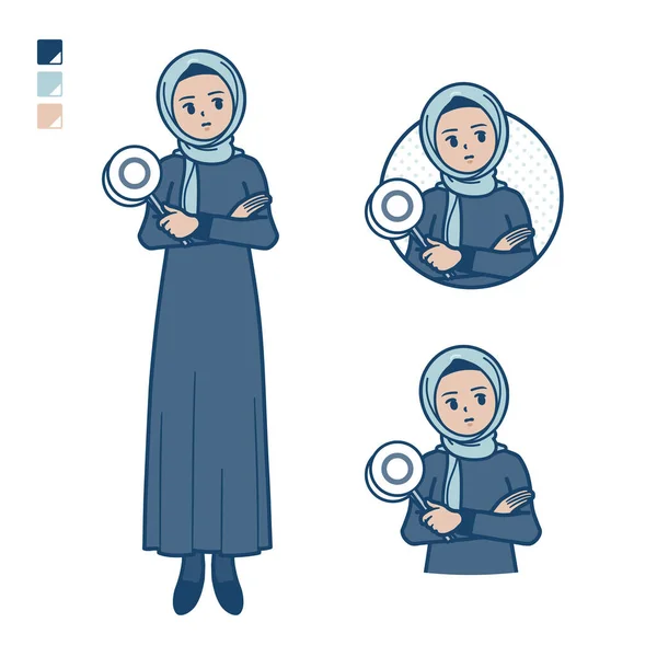 一个头戴头巾的阿拉伯女人想象着答案 它是矢量艺术 所以很容易编辑 — 图库矢量图片