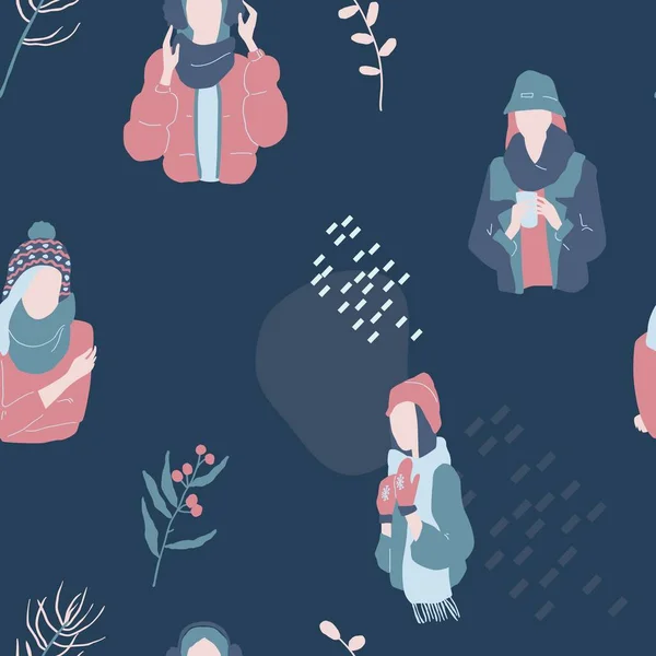 Sömlöst mönster med kvinnor i vinterkläder med tall, blad, bär och gran. Handritad stil. — Stock vektor