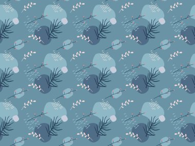 Çam, yaprak, böğürtlen ve ladin içeren, kışın çiçek desenli kusursuz desen. El çizimi biçimi.