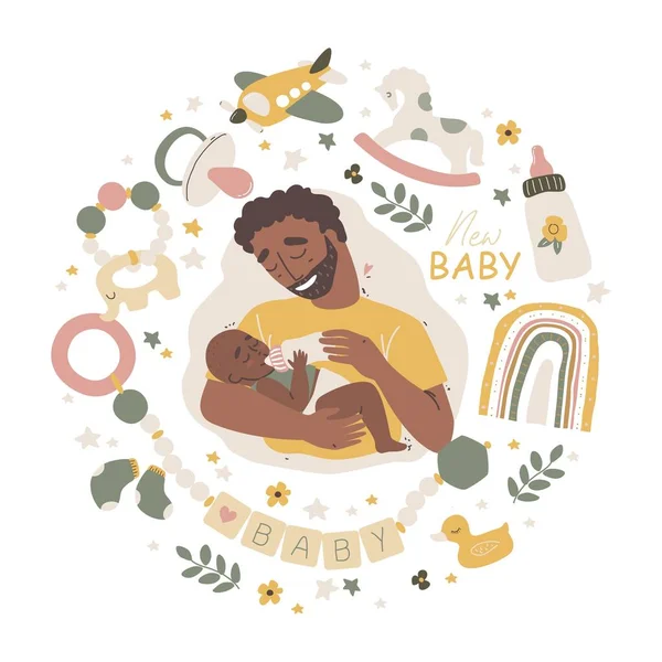Glücklicher schwarzafrikanisch-amerikanischer Vater mit seinem kleinen Baby. Babypflegezubehör und -artikel. Neugeborenes Boho-Baby. — Stockvektor