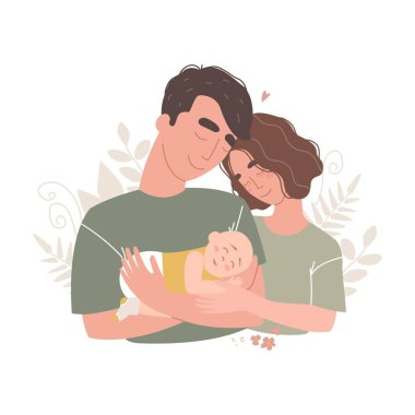 Vektör aile çizimi. Kadın ve erkek yeni doğmuş bir bebeği kucaklıyorlar. Anne, baba ve çocuk. Kollarında yeni doğmuş bir bebekle gülümseyen genç bir ailenin portresi..