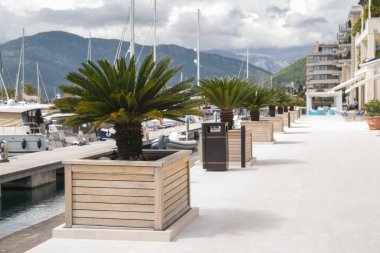 Toprak seti, rıhtımı ve demirlemiş yatları olan Karadağ, Tivat kenti.