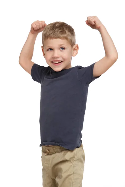 Klein Schattig Lachen Jongen Casual Kleding Laat Zien Hoe Sterk — Stockfoto