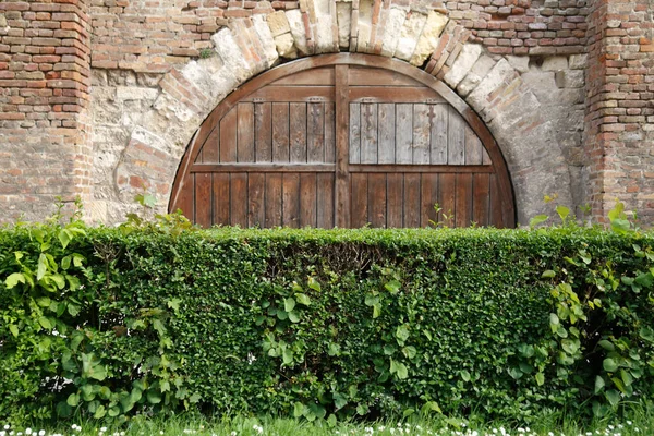 Muralla Fortaleza Ladrillo Con Puertas Madera Arbustos Cizallados Verdes Belgrado —  Fotos de Stock