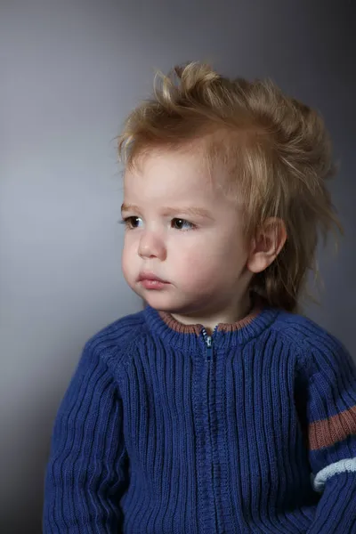 Portrait Cute Little Funny Child Lush Hair Dark Gray Background — Stock Photo, Image