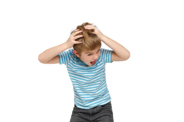 Little Boy Striped Clothes Shouts Emotionally His Head His Hands — Stock Photo, Image