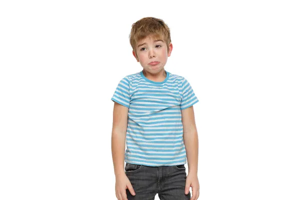 Cabreado Lindo Niño Rayas Ropa Aislado Blanco Fondo — Foto de Stock