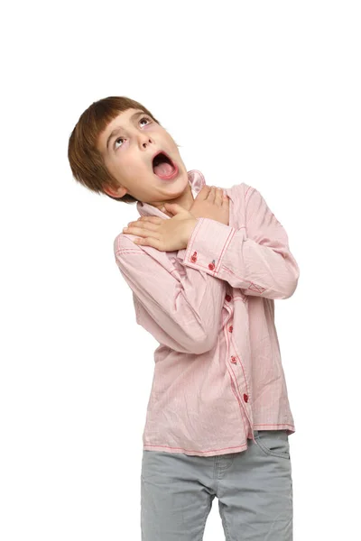 Cute Little Boy Casual Shirt Grimaces Grabs His Throat His — Stock Photo, Image