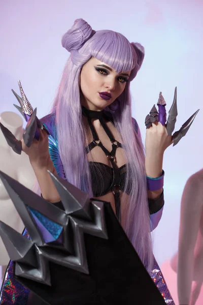 Cute Girl Witch Long Purple Hair Knife Claws Bright Blue — Stock Photo, Image