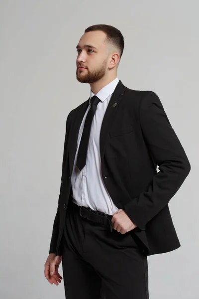 Young Man Beard Business Suit Isolated Gray Background — Stock Photo, Image