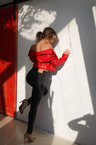 Sensual Slender Girl Red Jacket Naked Body Full Length View — стоковое фото