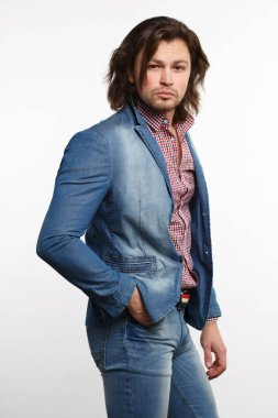 Nice guy with long hair isolated on white background.