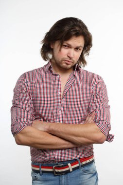 Nice guy with long hair isolated on white background.