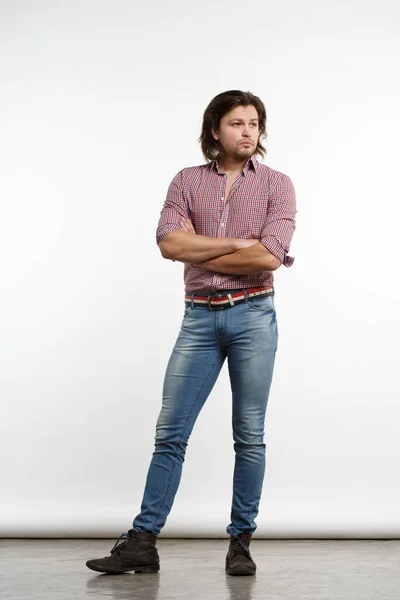 Nice Guy Long Hair Jeans Stands Studio Full Growth — Photo
