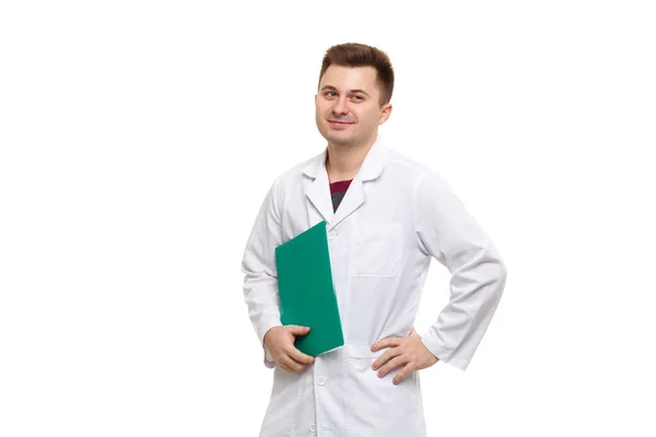 Young Handsome Doctor White Coat Holding Green Folder Isolated White — Fotografia de Stock