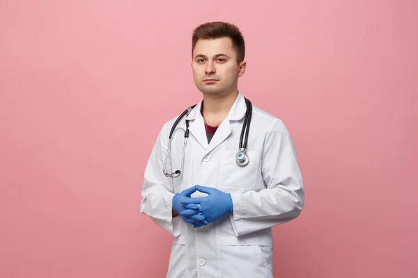 Young Doctor White Coat Stethoscope Pink Background — стоковое фото