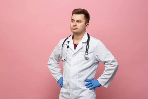 Young Doctor White Coat Stethoscope Pink Background — Foto de Stock