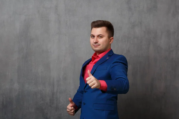 Young Business Man Casual Blue Suit Showing Thumb Gesture Both — Stockfoto